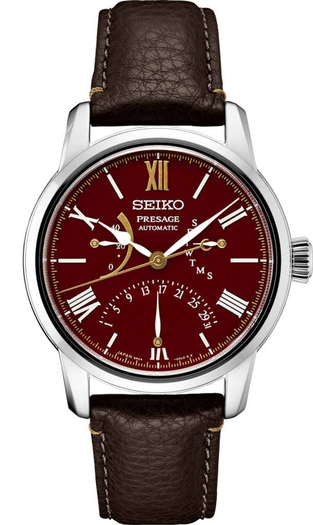 Seiko Presage Automatic watch with burgundy dial, stainless steel case, and brown leather strap.