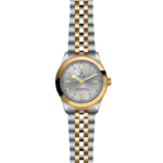 Elegant Tudor watch with gold and silver design, gemstone markers, and sophisticated two-tone bracelet.