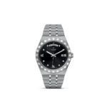 Elegant Tudor watch with black dial, Roman numerals, stainless steel bracelet, and date function.
