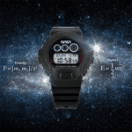 NASA G-Shock watch displayed against a cosmic backdrop with starry skies and scientific equations.