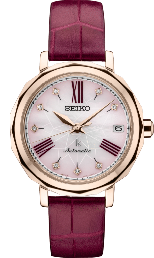 Elegant Seiko wristwatch with rose gold case, mother-of-pearl dial, and burgundy leather strap.