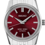 Elegant Seiko King Seiko watch with a burgundy dial and stainless steel bracelet.