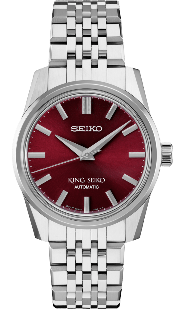 Elegant Seiko King Seiko watch with a burgundy dial and stainless steel bracelet.