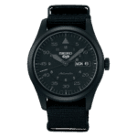 Sleek Seiko automatic watch with black dial, durable fabric strap, and luminous hands.