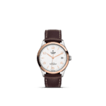 Tudor stainless steel watch with rose gold accents and leather strap, showcasing timeless elegance.
