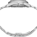 Sleek stainless steel wristwatch with integrated bracelet, showcasing modern design and elegance.