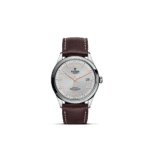 Elegant Tudor watch with stainless steel case, silver guilloché dial, and rose gold accents.