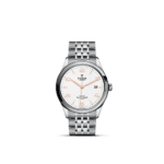 Tudor automatic watch with stainless steel case, white dial, and rose gold accents.