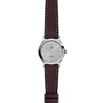 Elegant Tudor watch with stainless steel case, rose gold markers, and classic leather strap.