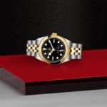 Luxury two-tone watch on a vibrant red platform against a sleek metallic background.