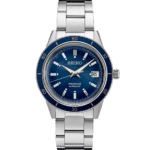 Elegant Seiko Presage automatic watch with blue sunburst dial and stainless steel bracelet.
