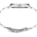 Sleek stainless steel wristwatch with minimalist design, interlocking bracelet, and elegant crown detail.