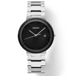 Elegant Seiko watch with black dial, silver hour markers, and stainless steel bracelet for versatile style.