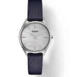 Elegant Seiko watch with mother-of-pearl dial and blue fabric strap, perfect for any occasion.