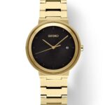 Elegant Seiko watch with a black dial and gold bracelet, perfect for any occasion.