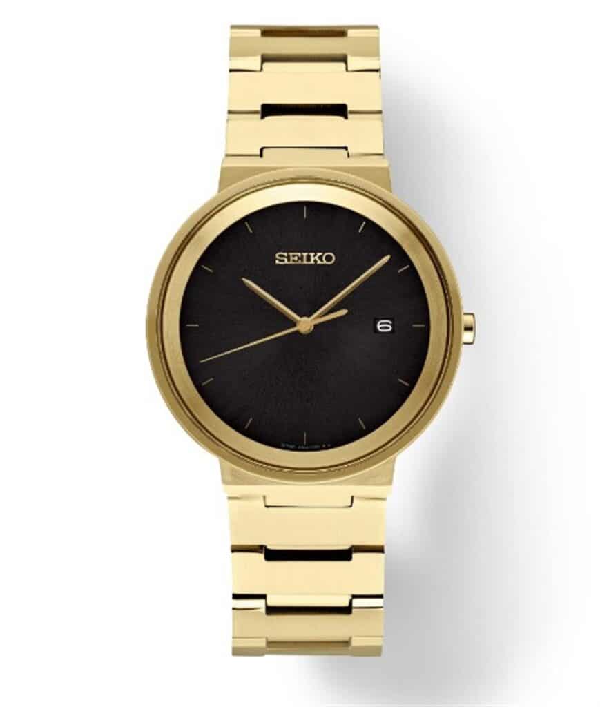 Elegant Seiko watch with a black dial and gold bracelet, perfect for any occasion.