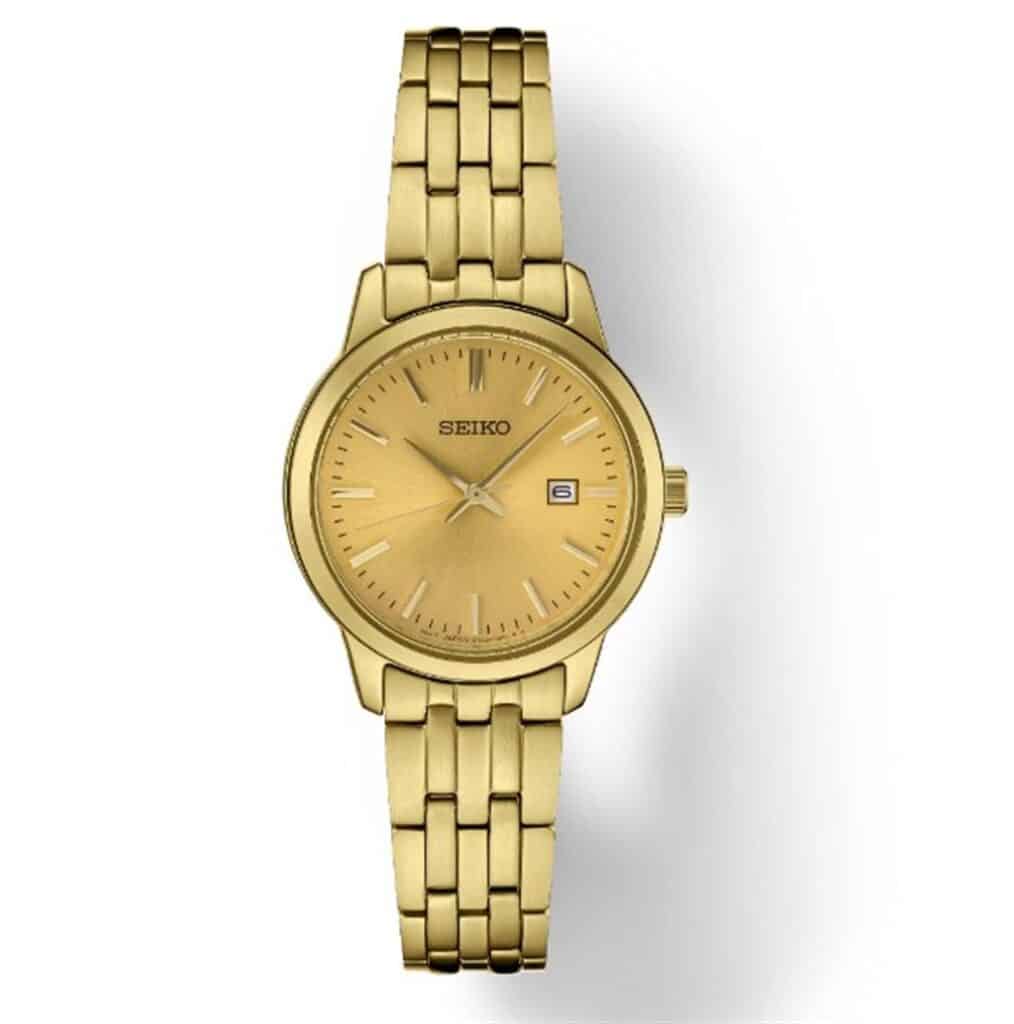 Elegant gold Seiko wristwatch with a timeless design, featuring a simple dial and date window.