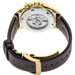 Elegant Seiko gold watch with transparent back and brown leather strap showcasing craftsmanship.