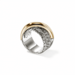 Elegant silver and gold ring featuring intricate braided design and polished finish, perfect for any occasion.