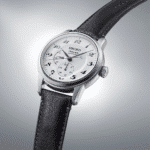 Elegant Seiko Presage automatic watch with white dial, sub-dials, and stylish leather strap.
