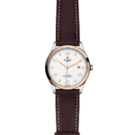 Elegant Tudor watch in stainless steel with rose gold bezel and leather strap.