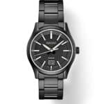 Sleek black Seiko wristwatch features a textured dial, silver accents, and water resistance.