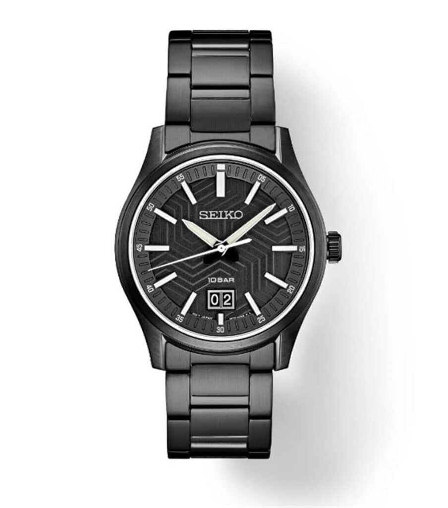 Sleek black Seiko wristwatch features a textured dial, silver accents, and water resistance.