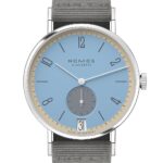 Elegant NOMOS Glashütte wristwatch with blue dial, stainless steel case, and gray strap.