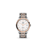 Elegant Tudor watch in stainless steel and rose gold, featuring a white dial and date window.