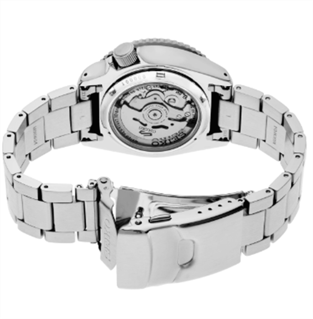 Sleek stainless steel watch with transparent case back and elegant link bracelet design.