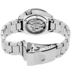 Sleek stainless steel watch with transparent case back and elegant link bracelet design.