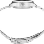 Sleek stainless steel wristwatch with segmented bracelet, elegant profile, and secure clasp design.