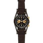 Elegant Tudor watch with stainless steel case, black dial, golden sub-dials, and leather strap.