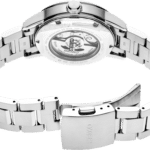 Sleek stainless steel wristwatch with transparent back, interlocking links, and elegant design features.