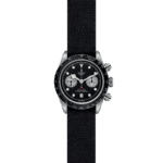Sporty Tudor watch with black dial, chronograph functions, and stainless steel case for luxury enthusiasts.