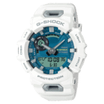 Stylish Casio G-Shock watch features turquoise dial, shock resistance, and fitness tracking functionality.