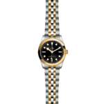 Elegant Tudor watch with stainless steel and gold, sleek black dial, and luminous hands.