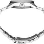 Sleek modern stainless steel watch with elegant design and interlocking link bracelet.