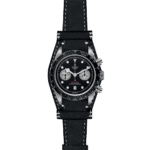 Tudor chronograph watch with black dial, stainless steel case, and leather strap for luxury styling.