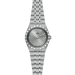 Sleek Tudor stainless steel watch with gray dial, luminous markers, and elegant design.