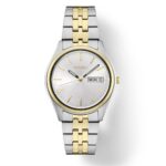Elegant Seiko watch with silver and gold accents, featuring date display and stylish design.