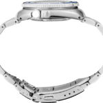 Elegant stainless steel watch with interlocking links and a polished finish, showcasing luxury craftsmanship.