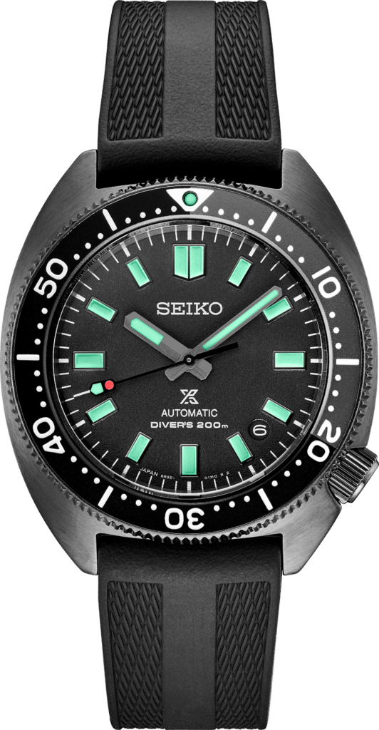 Seiko divers watch with luminous dial, unidirectional bezel, and durable rubber strap.