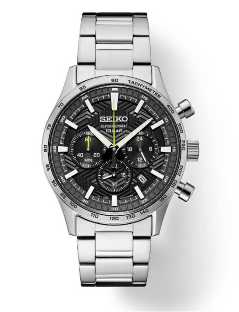 Elegant Seiko watch with stainless steel case, black textured dial, and tachymetric scale.