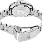 Seiko watch with stainless steel case, showcasing craftsmanship and durable design on metal bracelet.