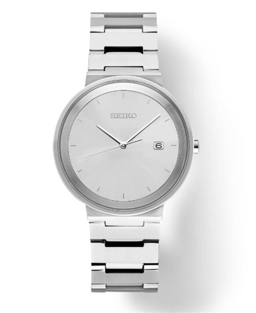 Sleek Seiko watch with silver dial and stainless steel bracelet, perfect for style and functionality.