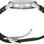 Classic stainless steel wristwatch with a polished finish and black leather strap for versatile wear.