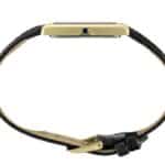 Elegant black leather watch with gold accents and minimalist design for any occasion.