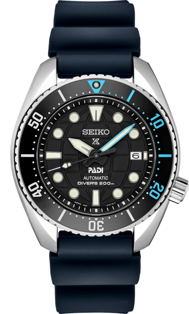 Seiko divers watch PADI, featuring a black dial, unidirectional bezel, and silicone strap.