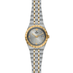 Stylish Tudor watch with two-tone stainless steel and gold design, featuring a chic gray dial.